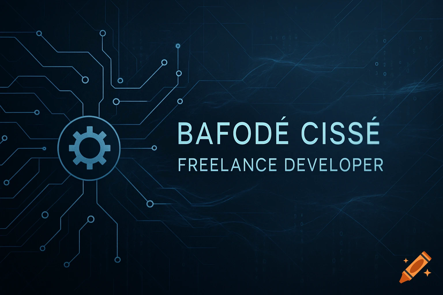 A dark blue digital background with light blue circuit board lines, a gear icon, and the text "BAFODÉ CISSÉ FREELANCE DEVELOPER".