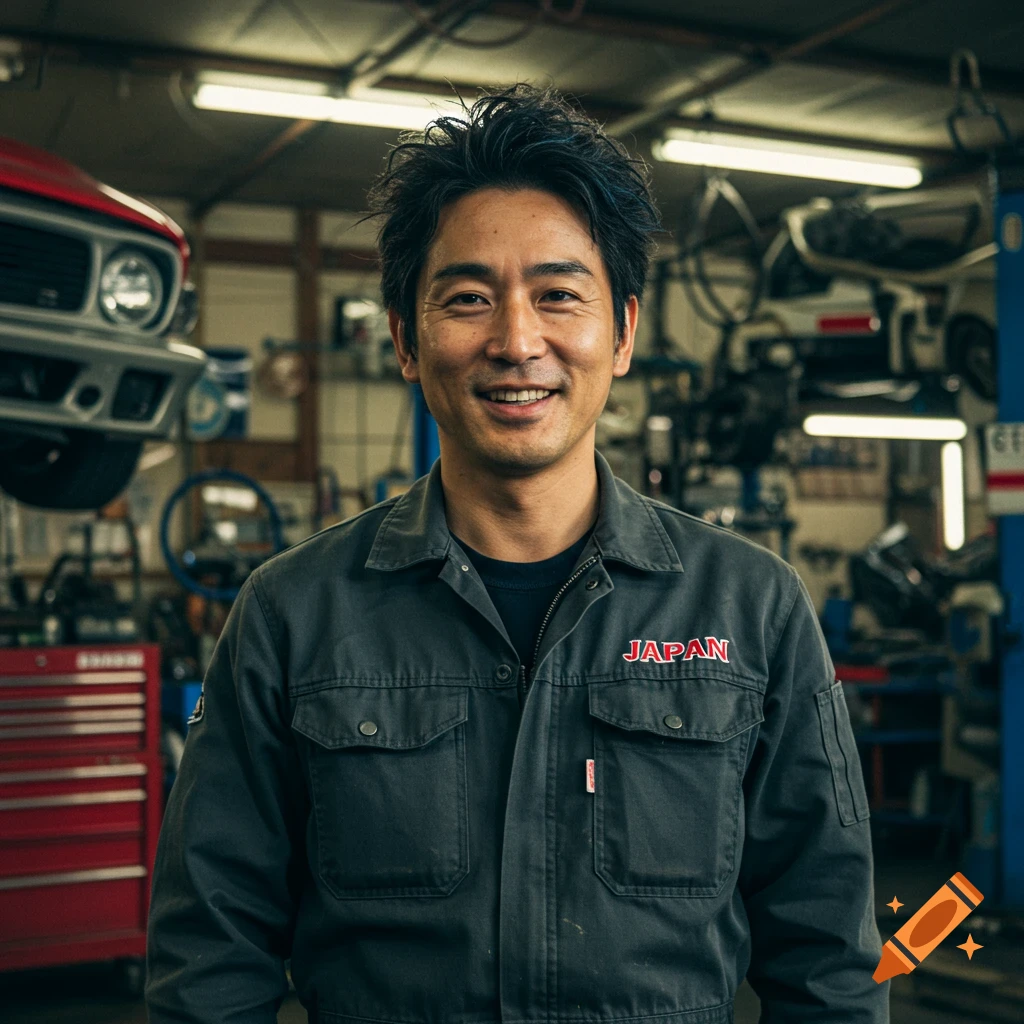 Smiling Japanese man in a grey mechanic's uniform stands in a car garage with a red vintage car in the background. Photorealistic.