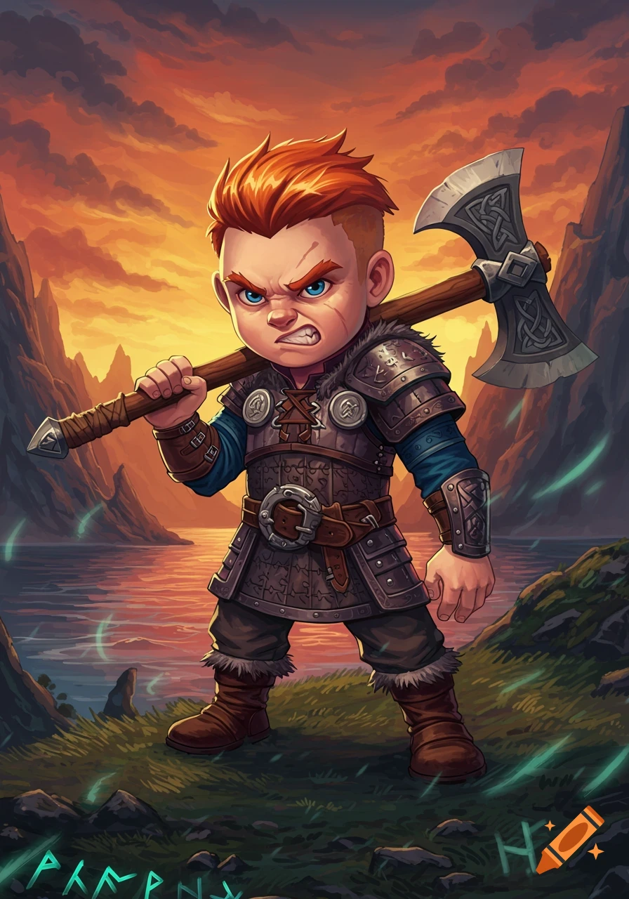 A cartoon red-headed boy viking with an angry face holds an axe over his shoulder, standing by a lake at sunset.