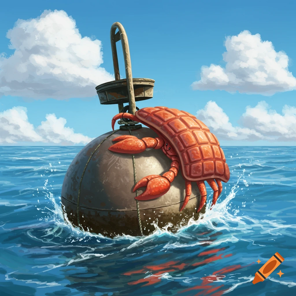 An illustrated red crab with segmented shell clings to a rusty buoy in a blue ocean under a cloudy sky.