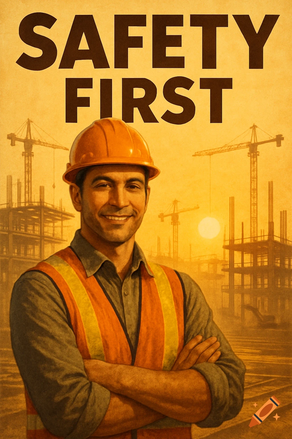 Vintage safety poster with a smiling construction worker in a hard hat and safety vest, construction site, and 'SAFETY FIRST' text.