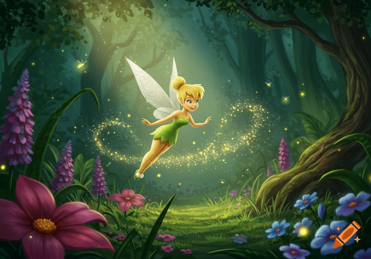 Tinkerbell, a blonde fairy in a green dress, flies through a magical forest, leaving a trail of sparkling pixie dust.