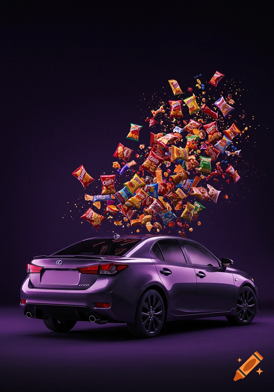 Photorealistic image of a purple Lexus sedan with its trunk open, releasing a vibrant explosion of snack bags and particles against a dark purple background.