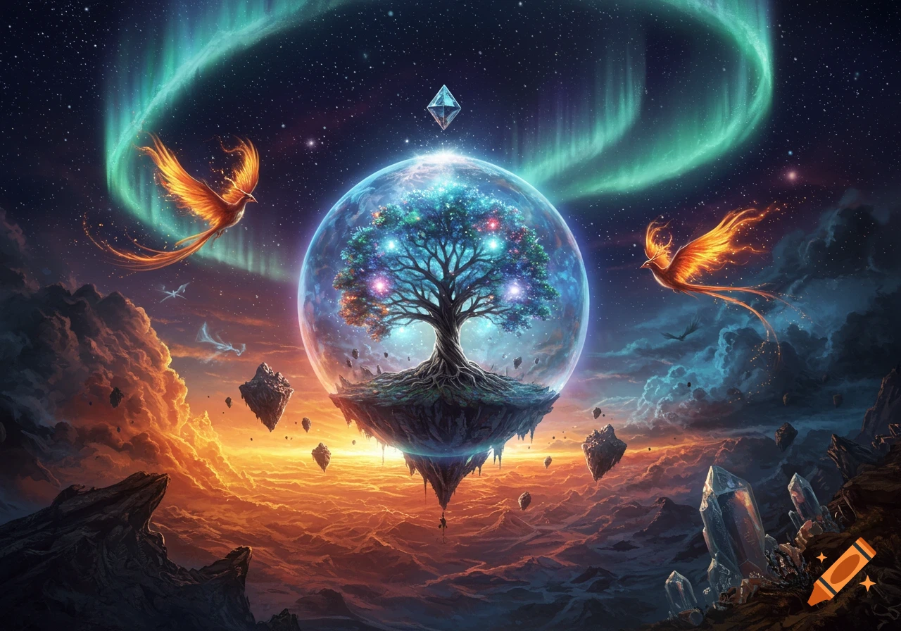Highly detailed fantasy landscape with a glowing tree inside a transparent sphere, flying phoenix birds, aurora, and floating islands under a starry sky.