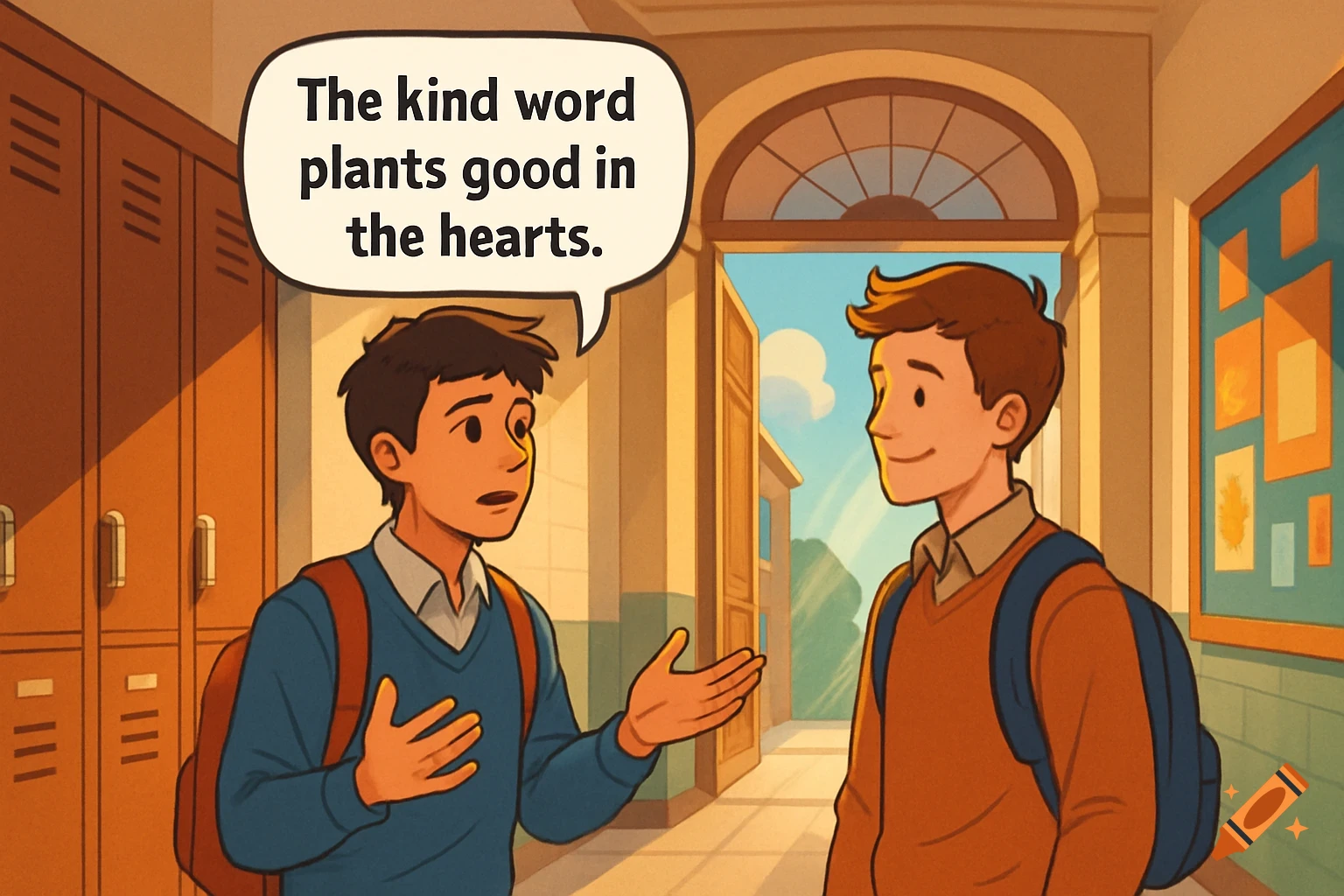 Two cartoon male students in a school hallway, one speaking: 'The kind word plants good in the hearts.'