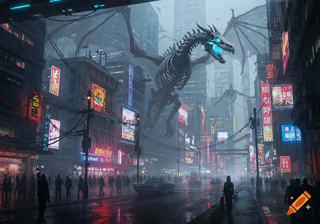 A huge skeletal dragon with glowing blue eyes flies over a neon-lit cyberpunk city street with people and cars below.