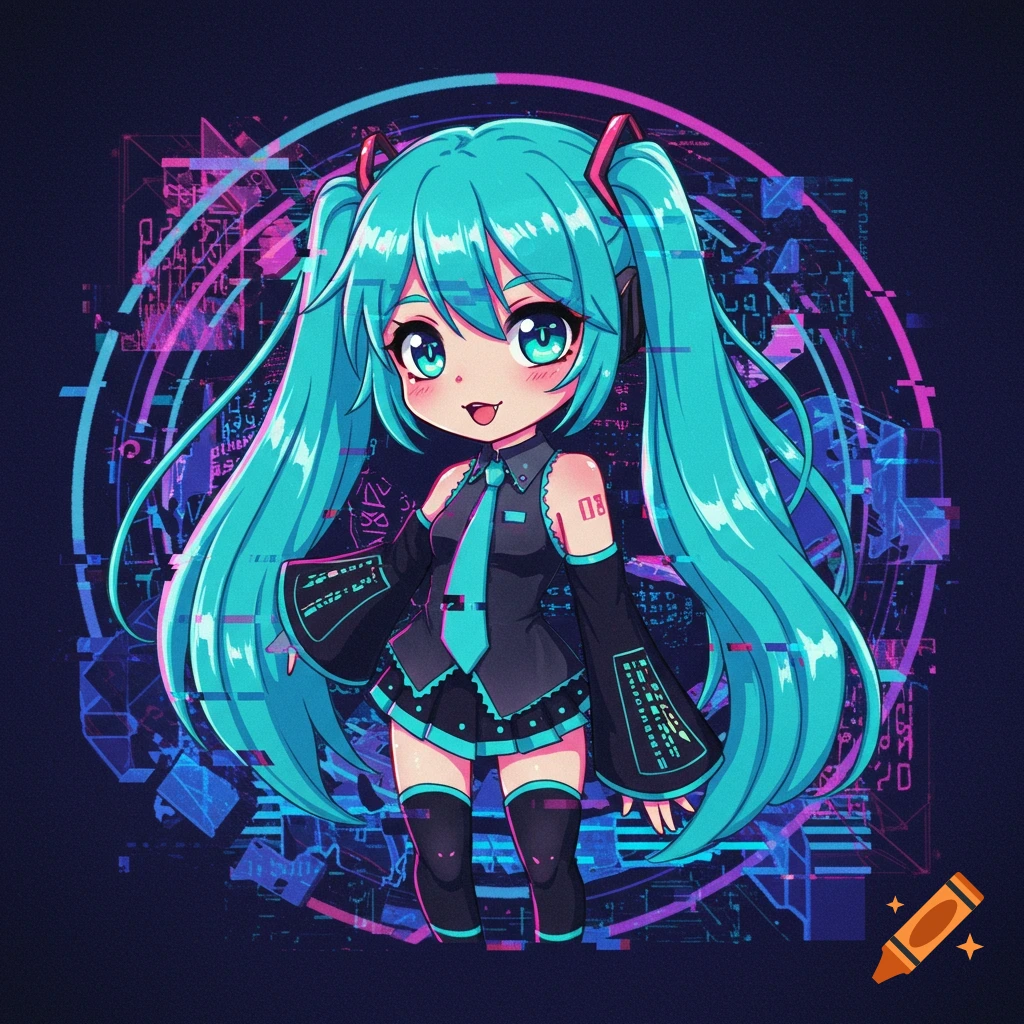 Chibi anime girl with turquoise pigtails and black outfit, surrounded by neon pink and blue glitch art.