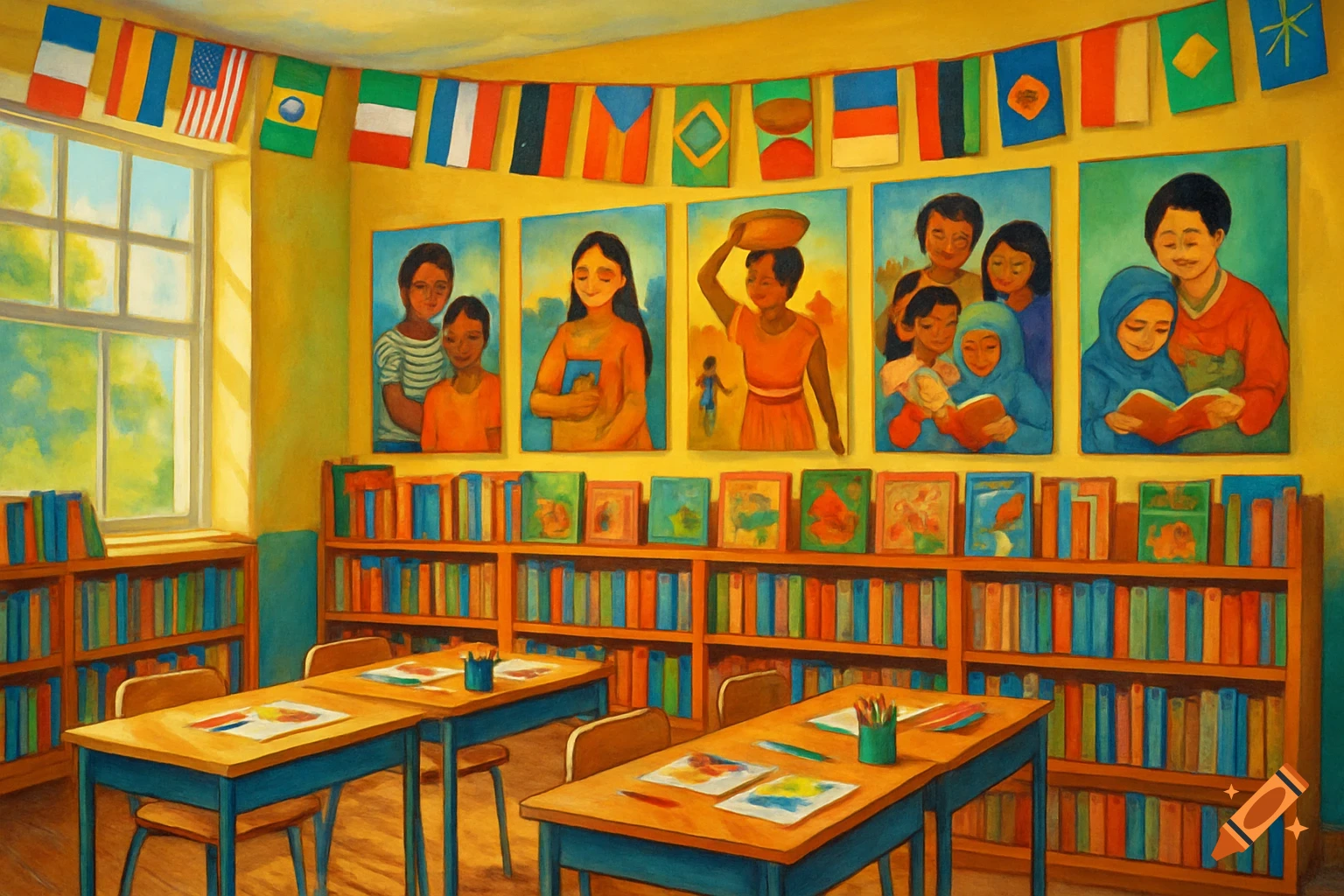 A colorful painterly classroom with international flags, diverse cultural paintings, and bookshelves.