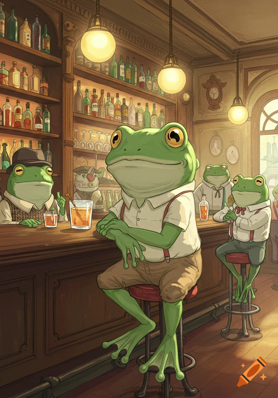 Anthropomorphic frogs in Ghibli style sit at a warm, wood-paneled bar with shelves of bottles in the background.