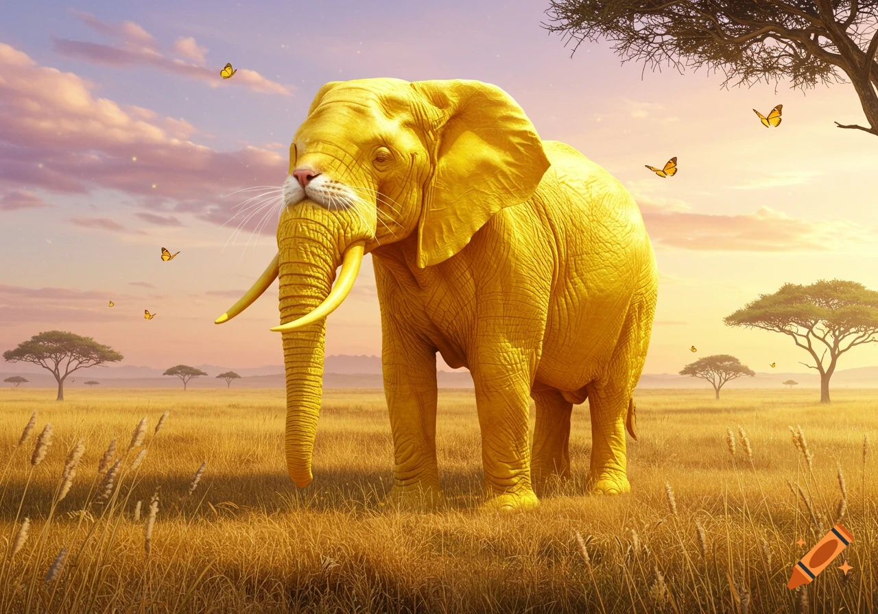 A golden elephant with a cat's nose stands in a savanna field under a colorful sunset sky with butterflies.