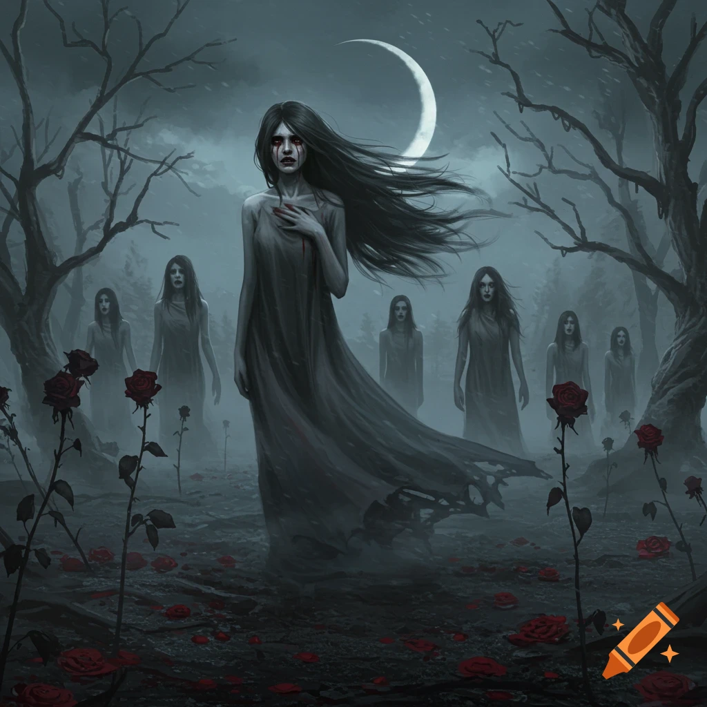 Ghostly woman with blood tears and spectral figures in a dark, misty forest with bare trees, a crescent moon, and red roses, in a gothic art style.
