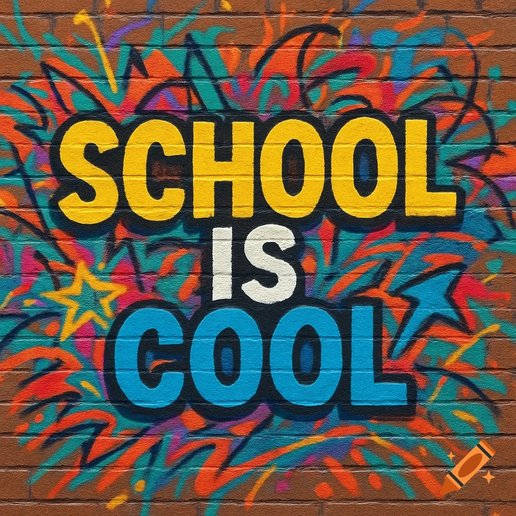 Colorful graffiti art on a brown brick wall with "SCHOOL IS COOL" in yellow, white, and blue block letters.