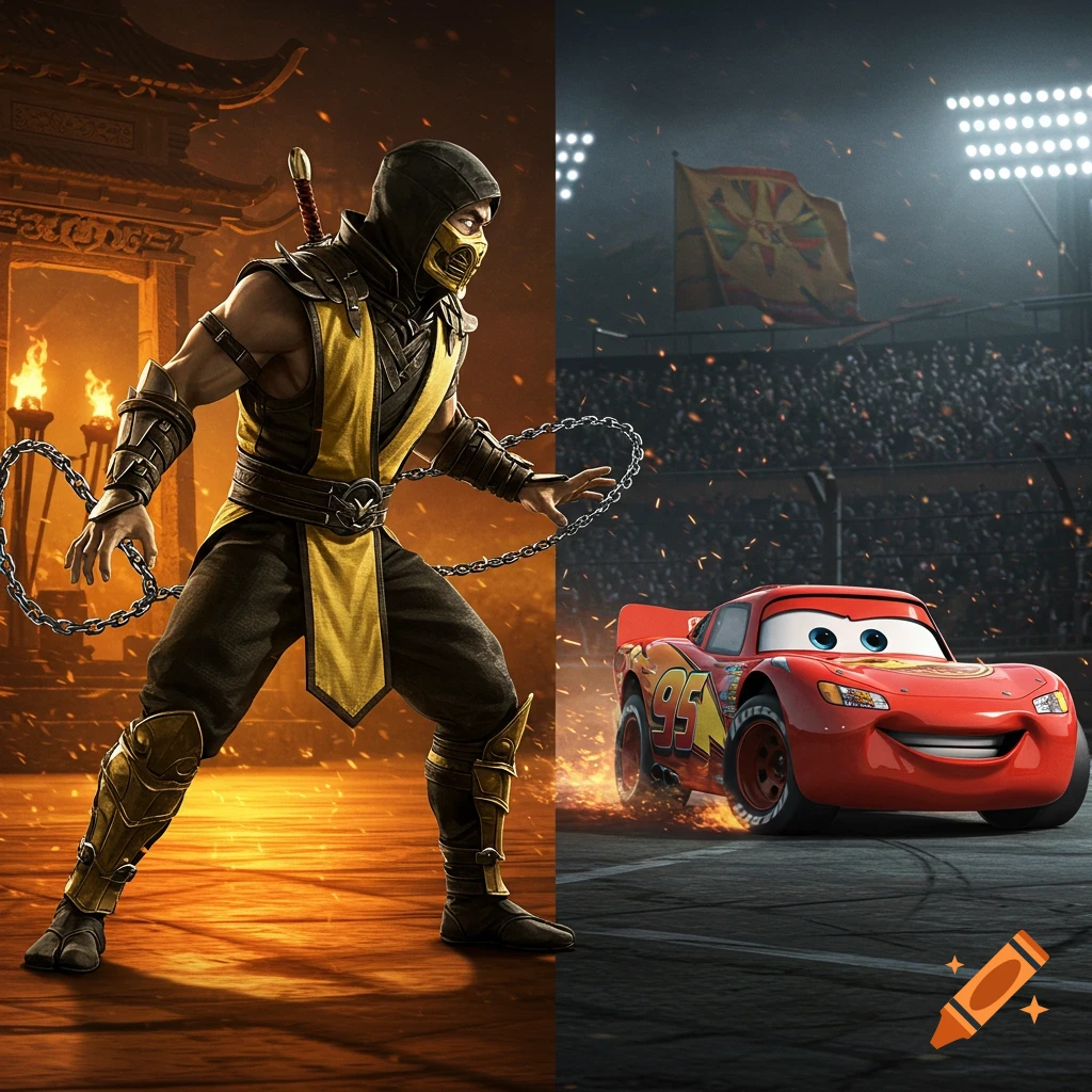 Split image: Scorpion from Mortal Kombat on the left, Lightning McQueen from Cars racing on the right.