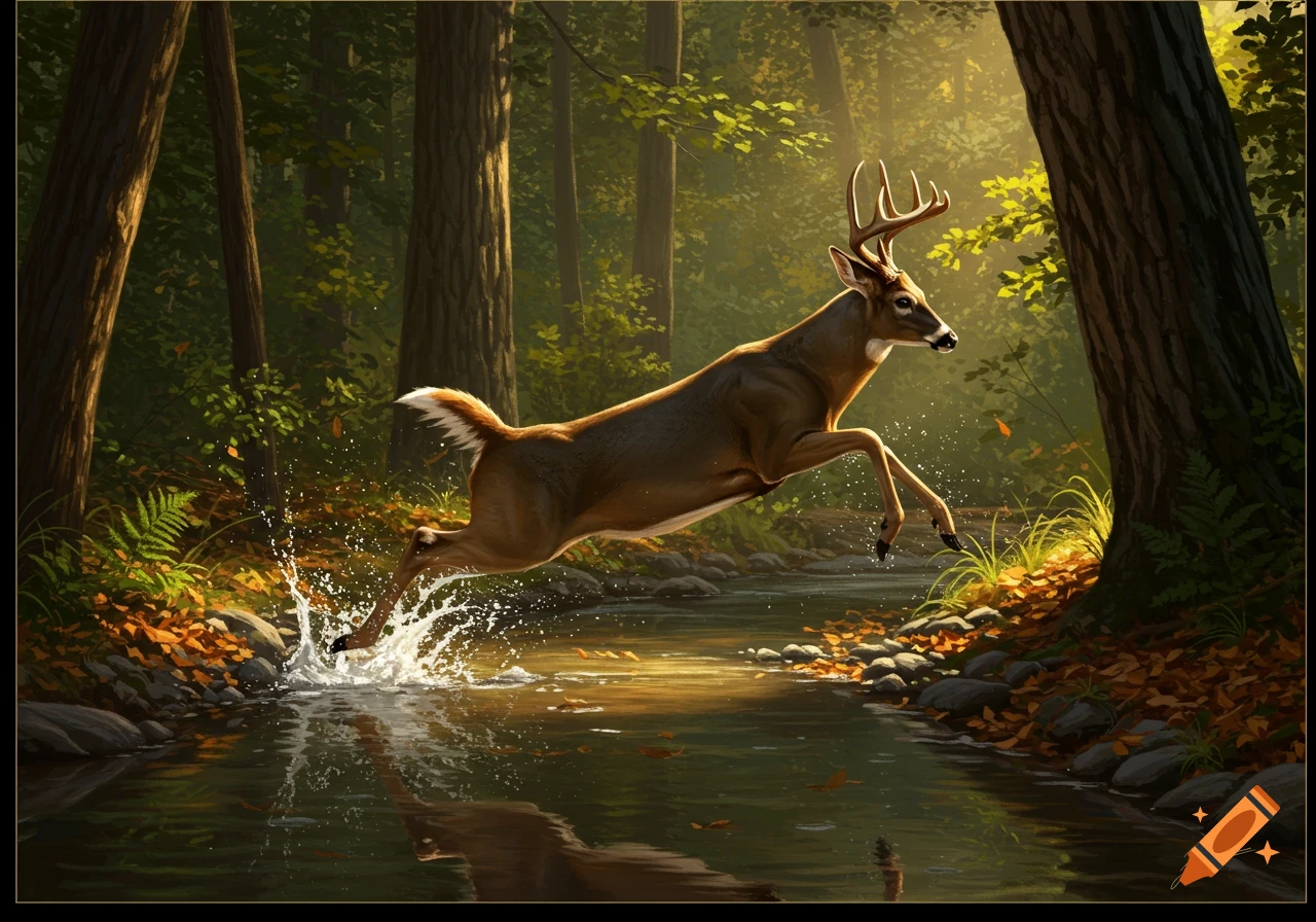 A whitetail deer with antlers leaps over a shallow forest creek, splashing water, in warm dappled sunlight.