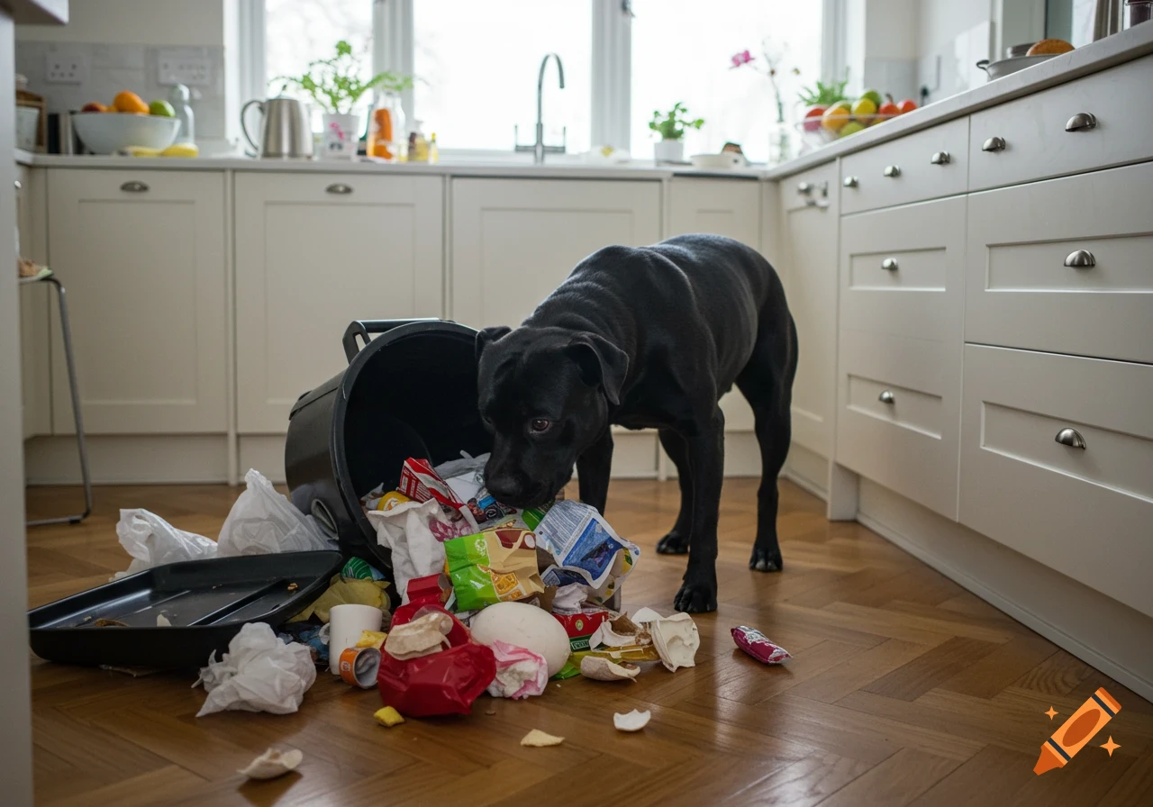 A black dog rummages through an overturned trash bin on a kitchen floor, scattering garbage.