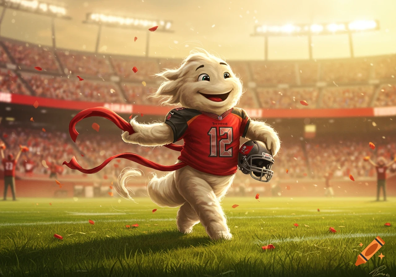 A smiling, fluffy white creature wearing a red and black football jersey with number '12' and holding a helmet, runs across a green stadium field with confetti falling. The creature wears a red and black jersey that says "THEODOROLI" instead of "Tampa Bay Bucs".