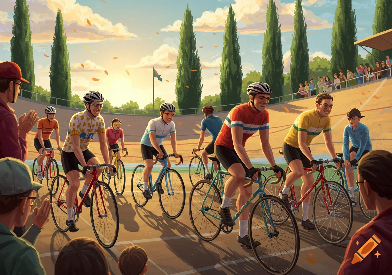 Illustrative view of cyclists racing on a velodrome track with spectators and cypress trees under a golden sky.