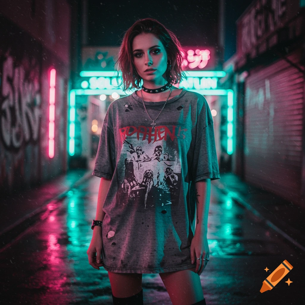 Young woman in a ripped grunge t-shirt and choker in a neon-lit urban alley at night.