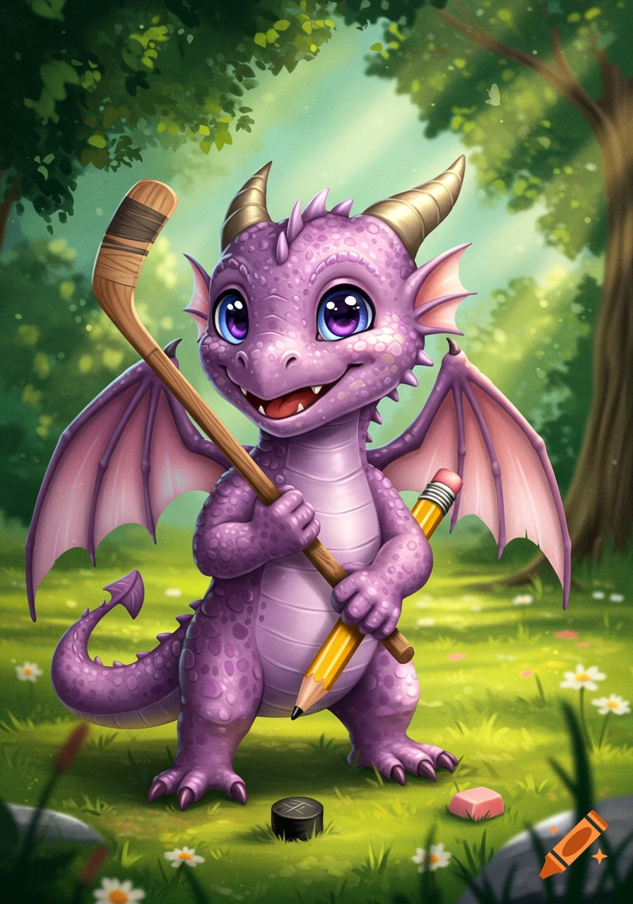 A cute purple cartoon dragon holding a hockey stick and a pencil in a lush forest.