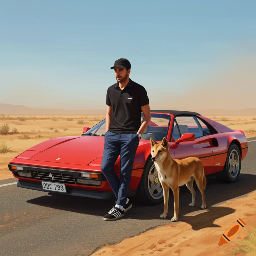 A man in a black polo shirt stands by a red 1987 Ferrari convertible and a dingo on a desert road, photorealistic.