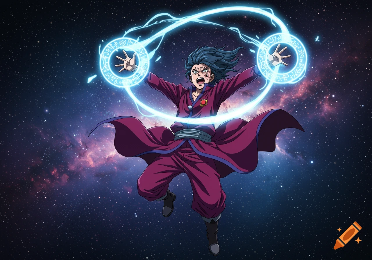 An anime character in a purple robe casts magic spells, generating glowing rings with runes on their hands against a starry cosmic background.