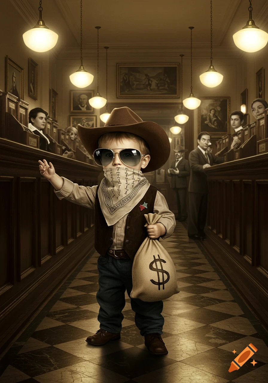 A photorealistic image of a young boy dressed as a cowboy outlaw, wearing sunglasses and holding a dollar-sign money bag.