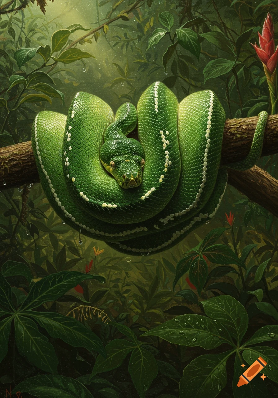 A vibrant green snake with white markings coiled on a jungle branch, rendered in a detailed oil painting style.