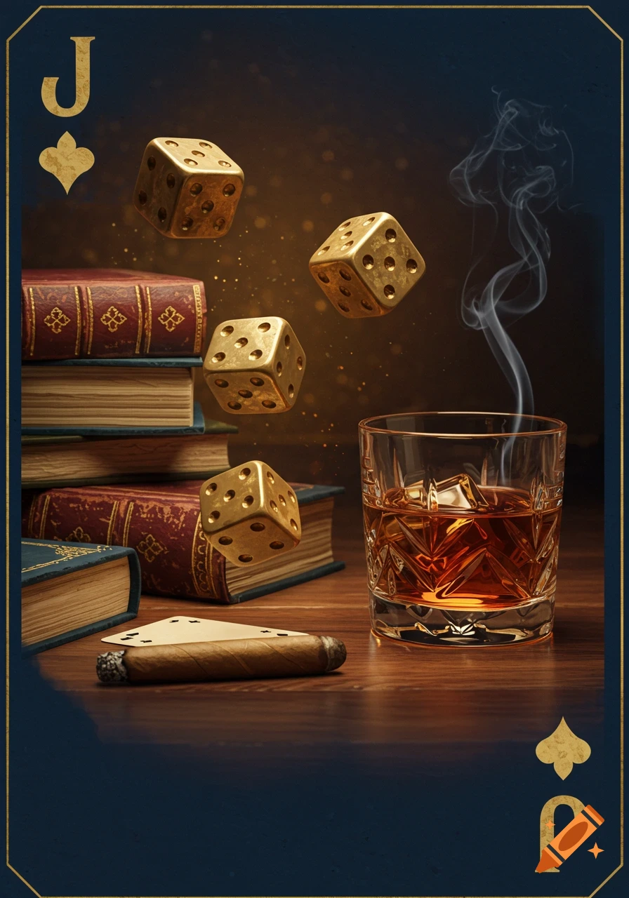 A playing card featuring golden dice, a whiskey glass, a cigar, and antique books on a wooden table. Dark, moody style.