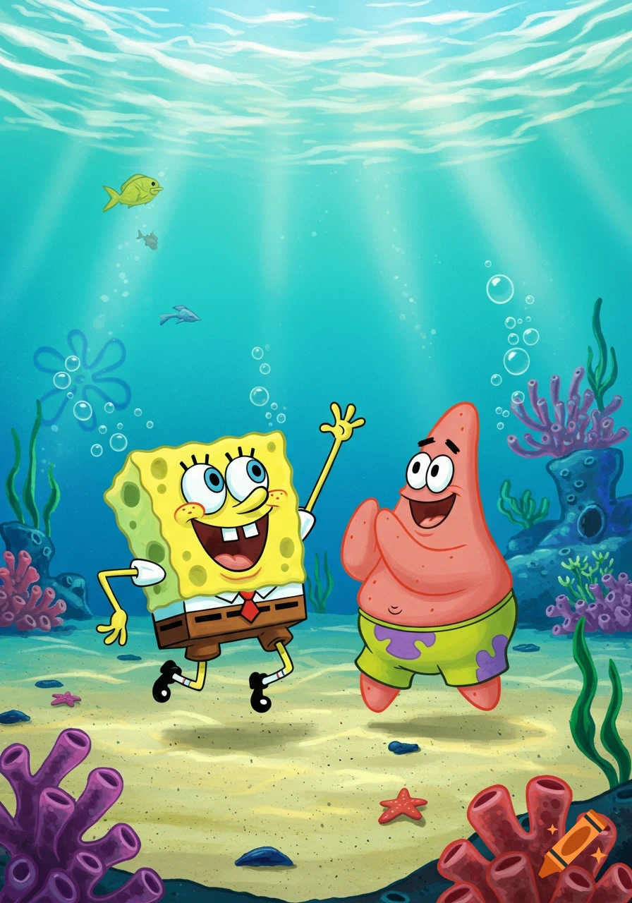 Spongebob and Patrick smiling and waving in a colorful underwater cartoon scene.