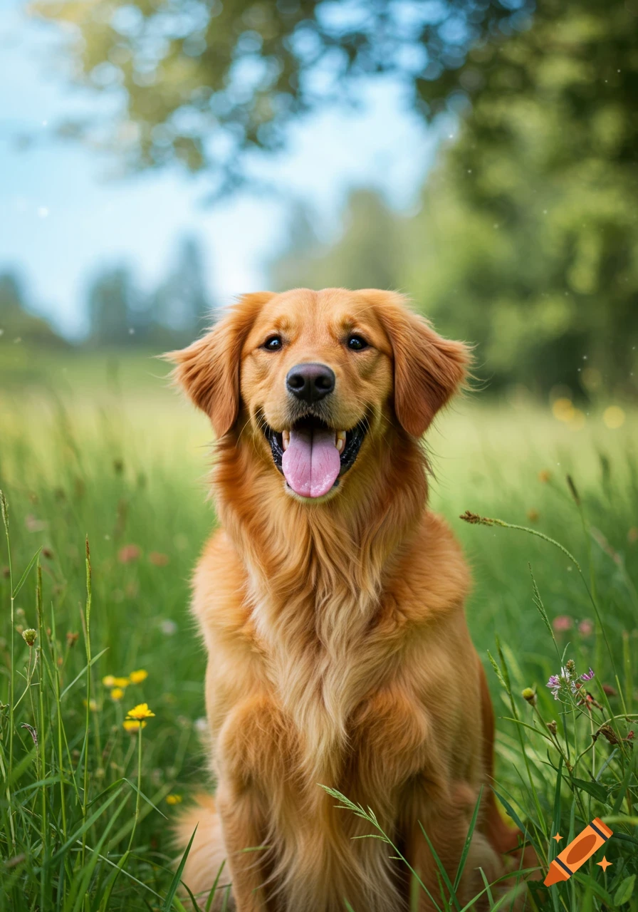 A happy golden retriever sits in a lush green field under a bright sky, panting with its tongue out. Photorealistic.