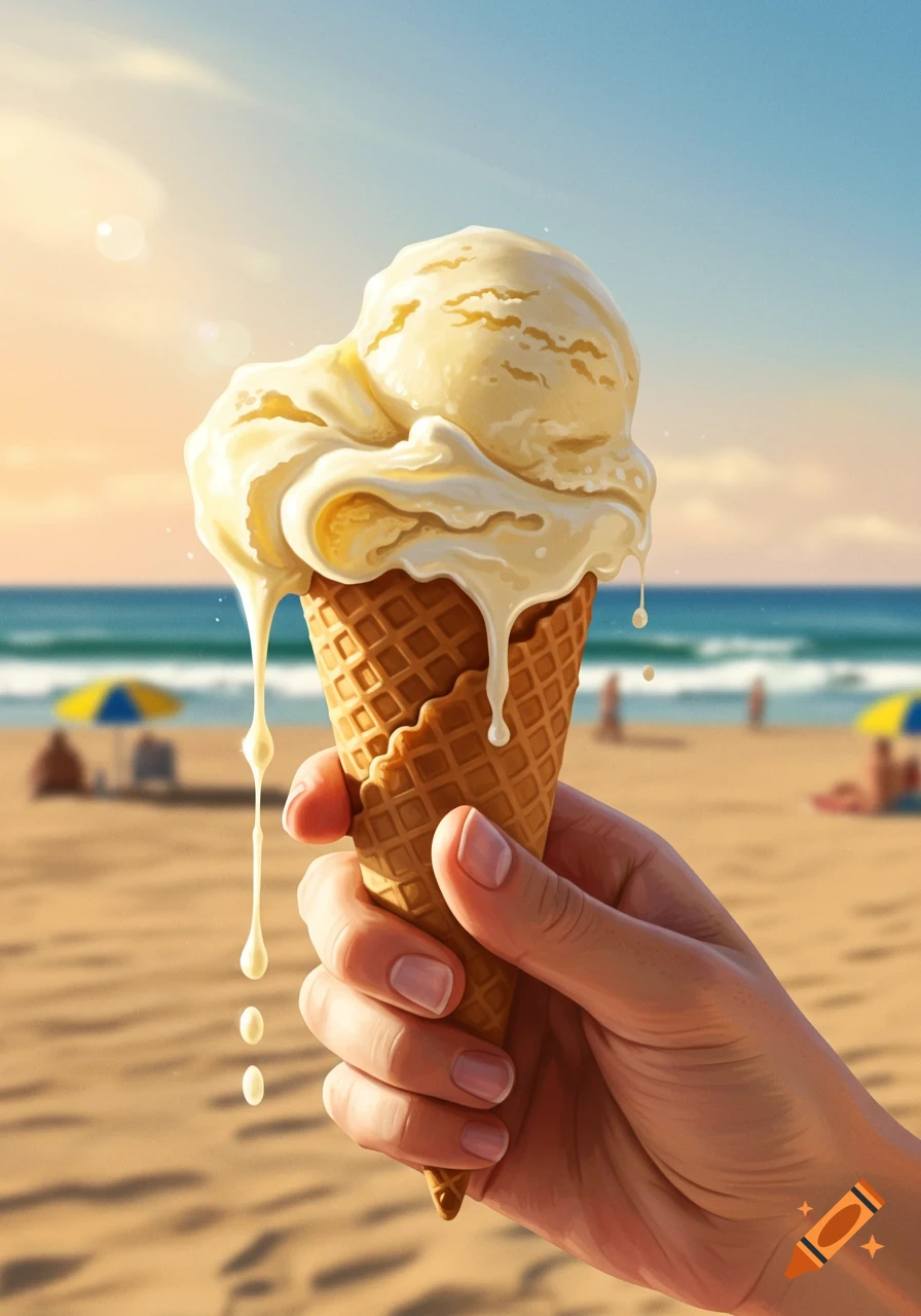 A hand holds a melting vanilla ice cream cone on a sunny beach with the ocean in the background.