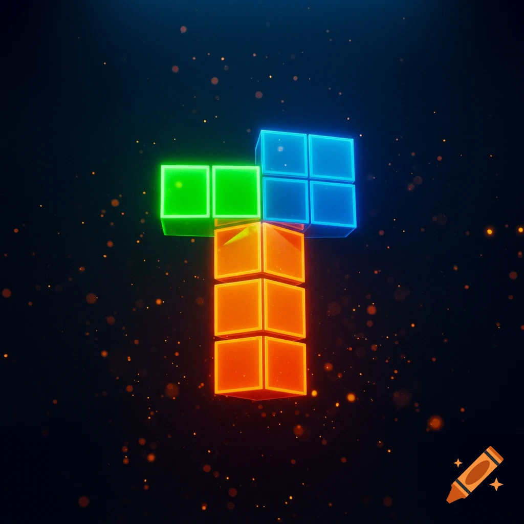 A glowing, neon green, blue, and orange T-tetromino on a dark, sparkling background.