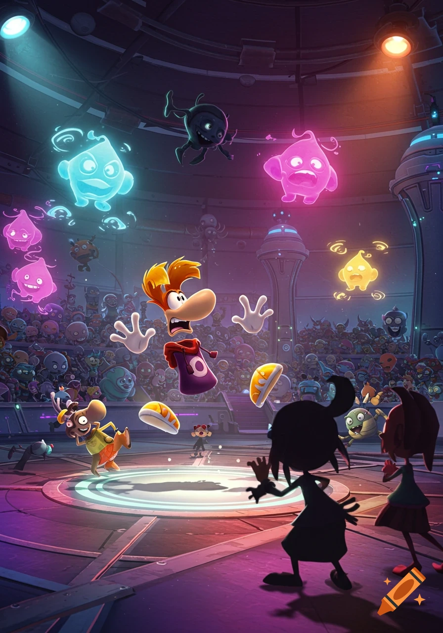 Rayman, with a surprised expression, floats in a vibrant futuristic arena with glowing Lums and a crowd of cartoon creatures.