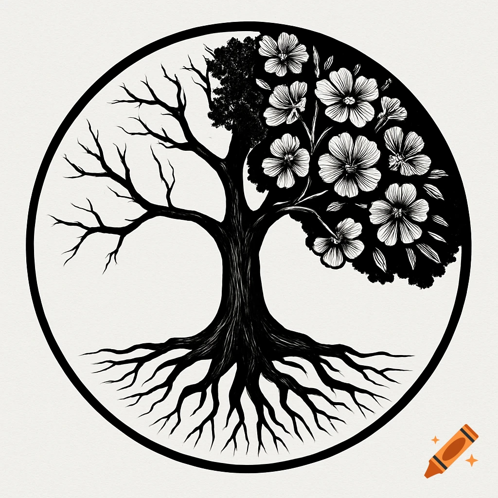 Black and white emblem of a tree; half blooming with flowers, half barren branches, with visible roots, all within a circle.