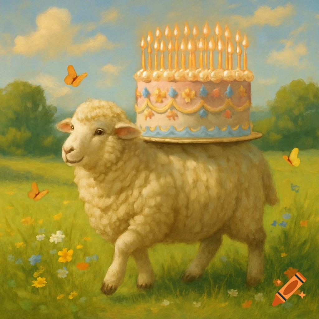 A fluffy sheep carries a lit birthday cake on its back through a sunny, painterly field with flowers and butterflies.