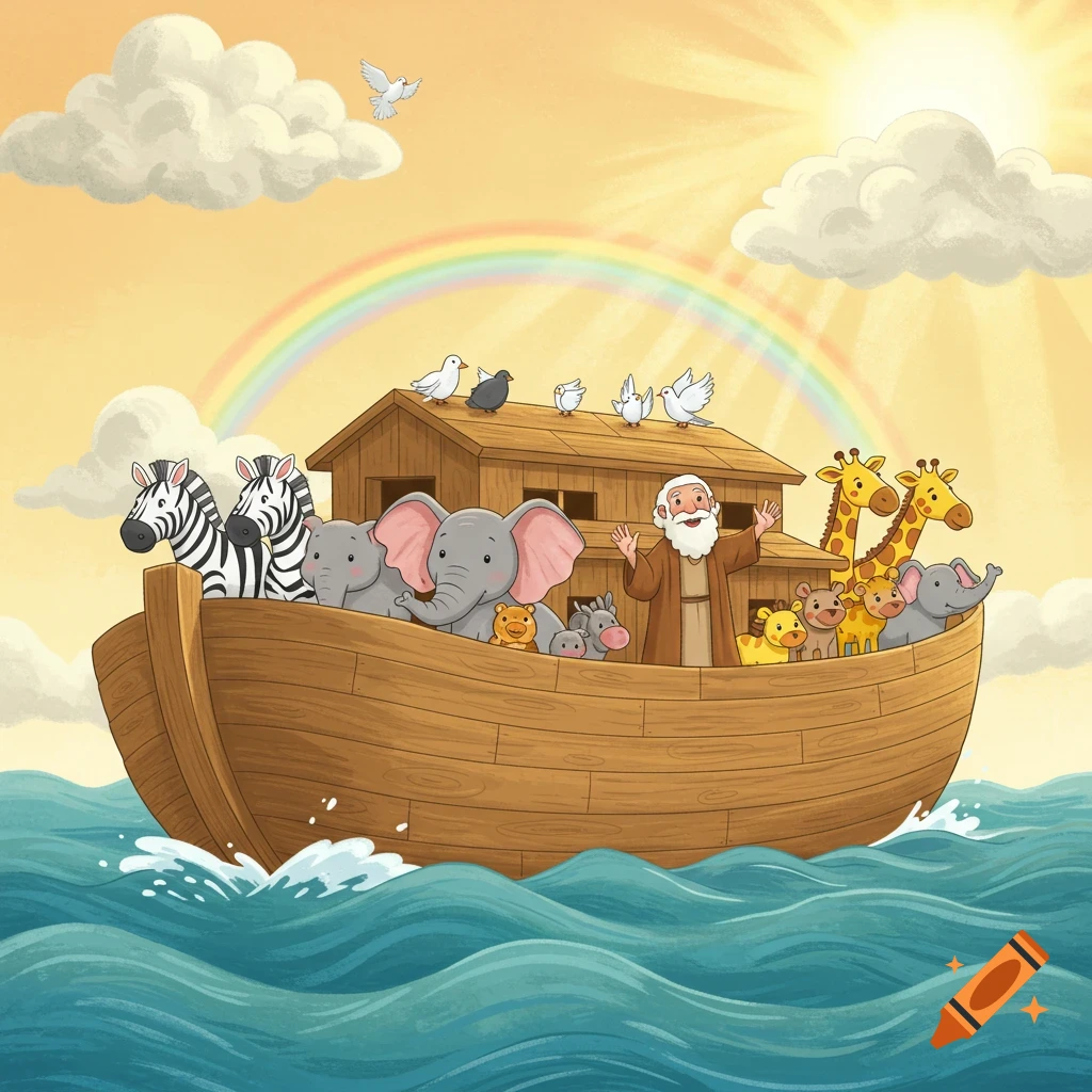 Cartoon Noah's Ark with Noah and pairs of animals (zebras, elephants, giraffes) on wavy water under a rainbow.