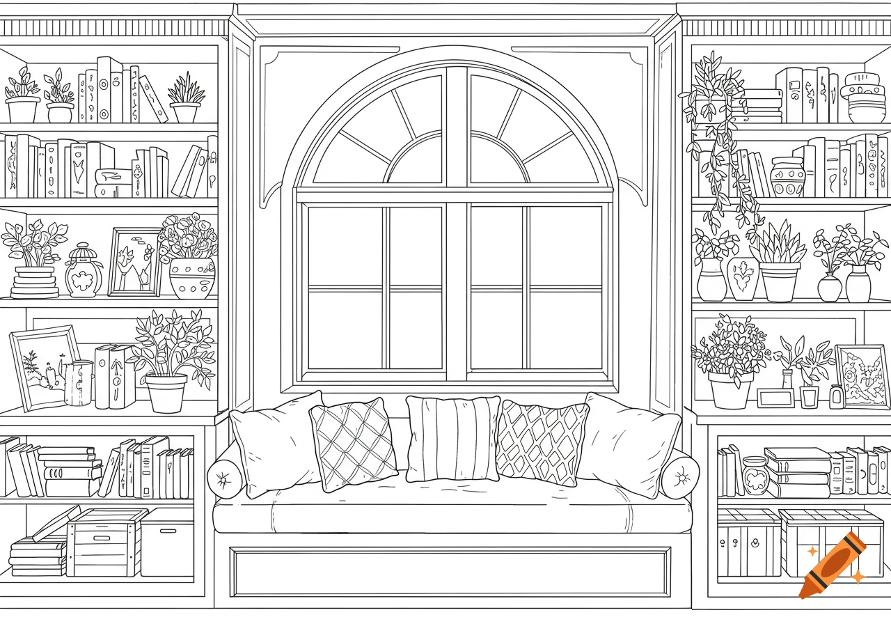 Black and white line art coloring page of a cozy window seat with pillows, flanked by bookshelves filled with books and plants.
