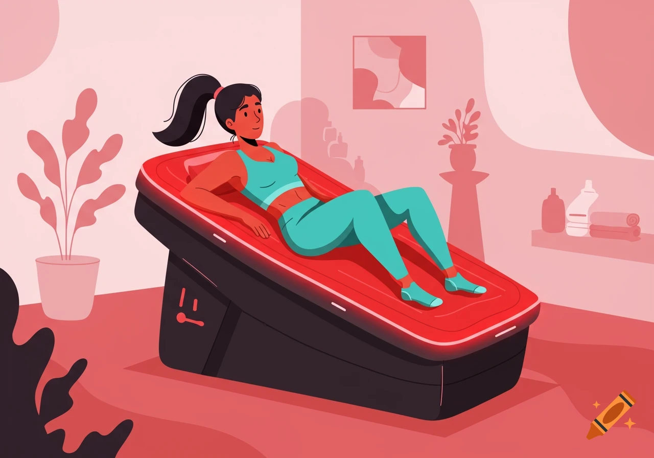 Cartoon woman in teal workout clothes relaxing in a red light therapy bed in a room with plants.