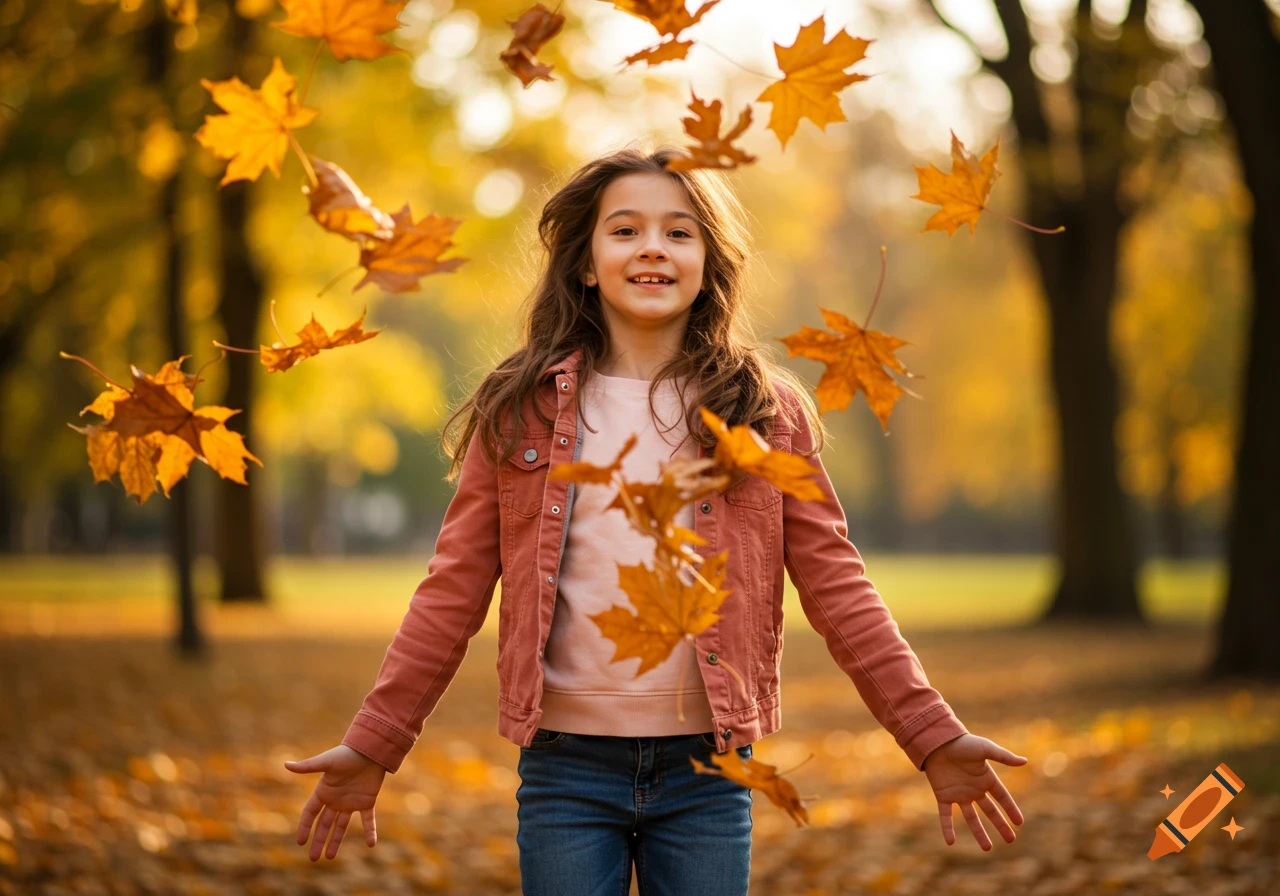 A smiling young girl in a denim jacket and jeans plays with falling autumn leaves in a sunlit park.