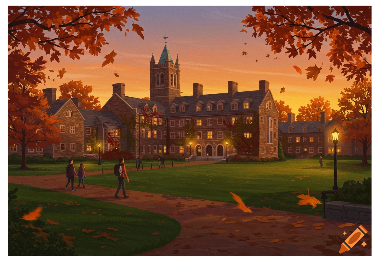 An illustrated university campus at sunset in autumn, with historic stone buildings, students walking, and orange leaves falling.