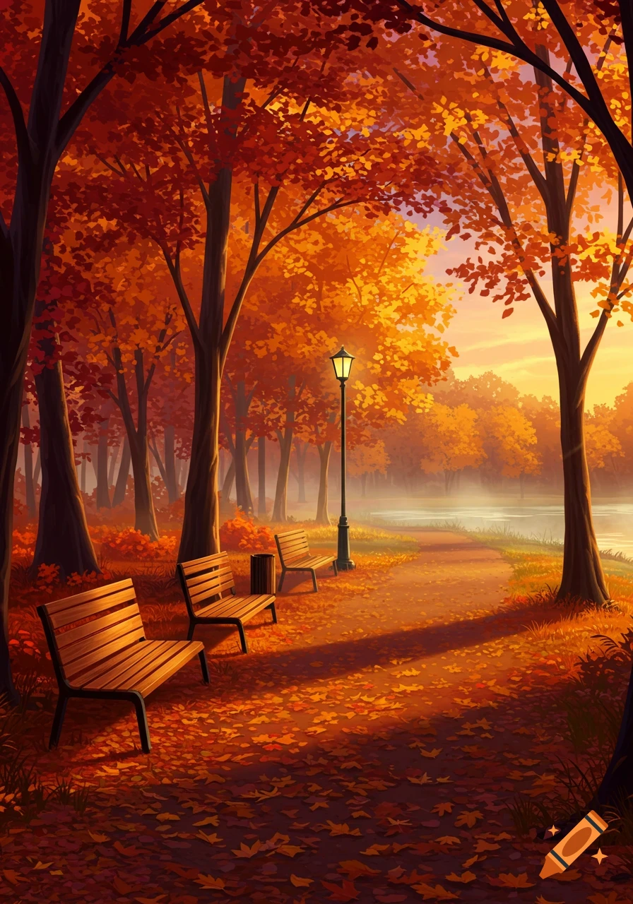 A beautiful autumn park scene with vibrant orange and red foliage, a winding path, and park benches next to a serene lake under a warm sky, illuminated by a street lamp.