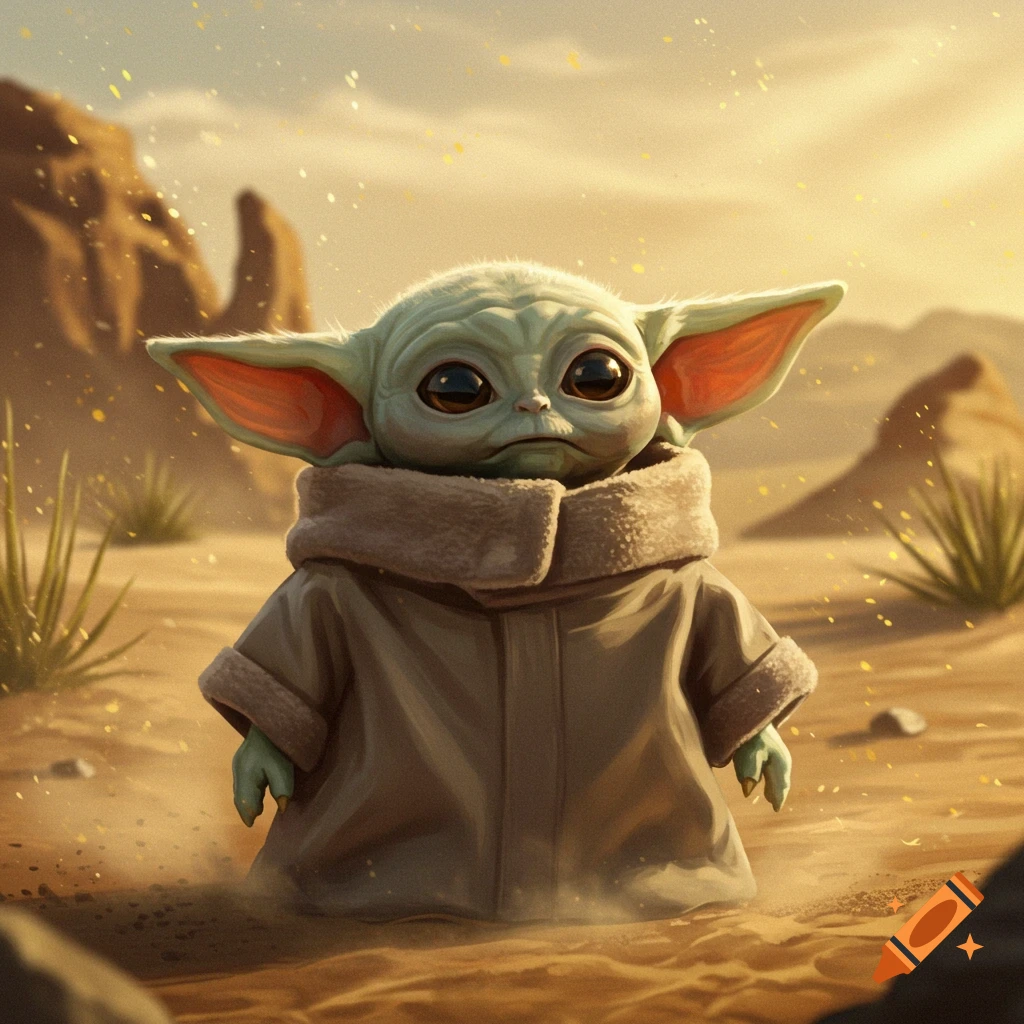 A cute Grogu, also known as Baby Yoda, stands in a golden desert landscape with sparse vegetation.