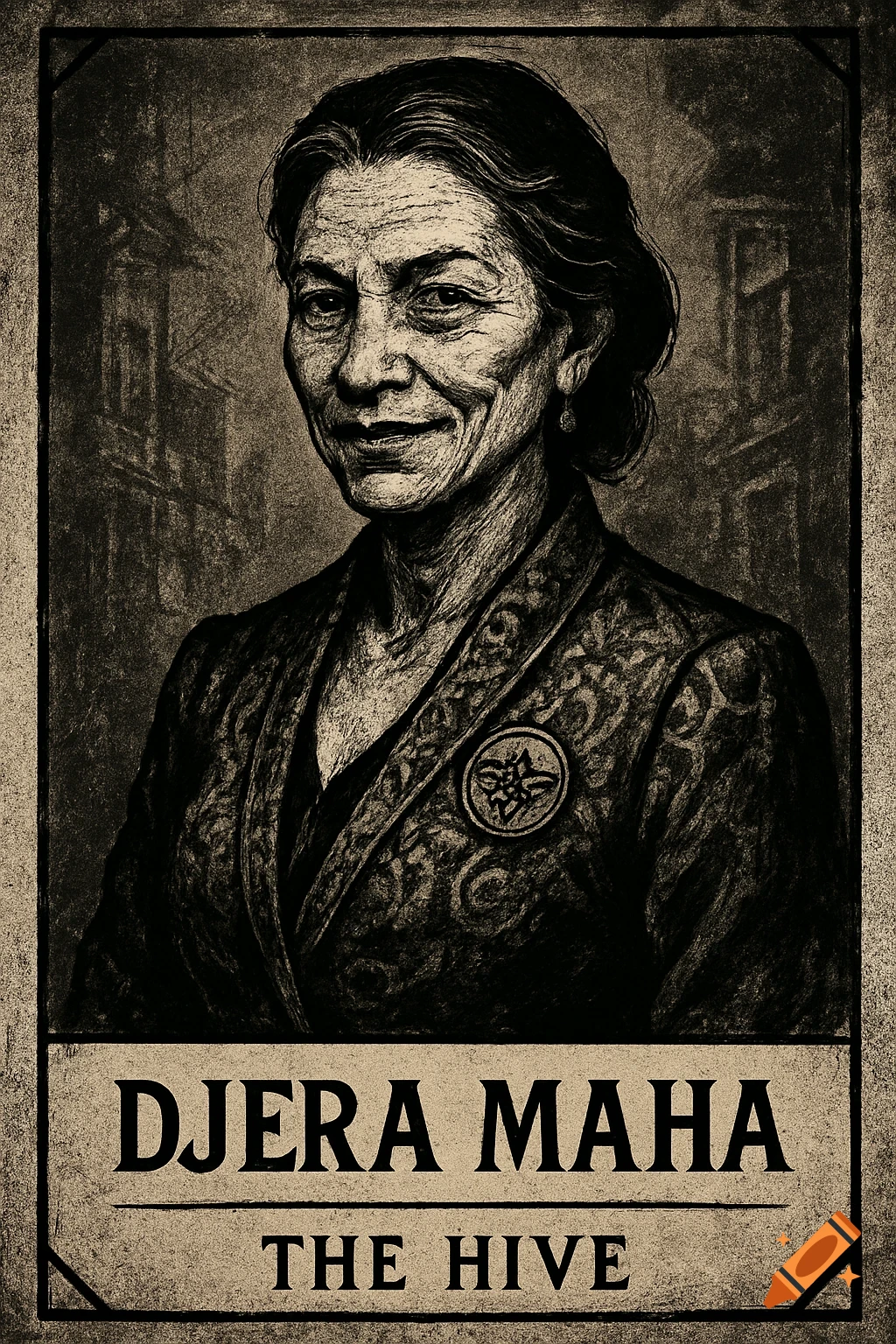 Gritty, sepia-toned illustration of a mature woman in elegant attire, looking sly. Text 'DJERA MAHA' and 'THE HIVE' below.