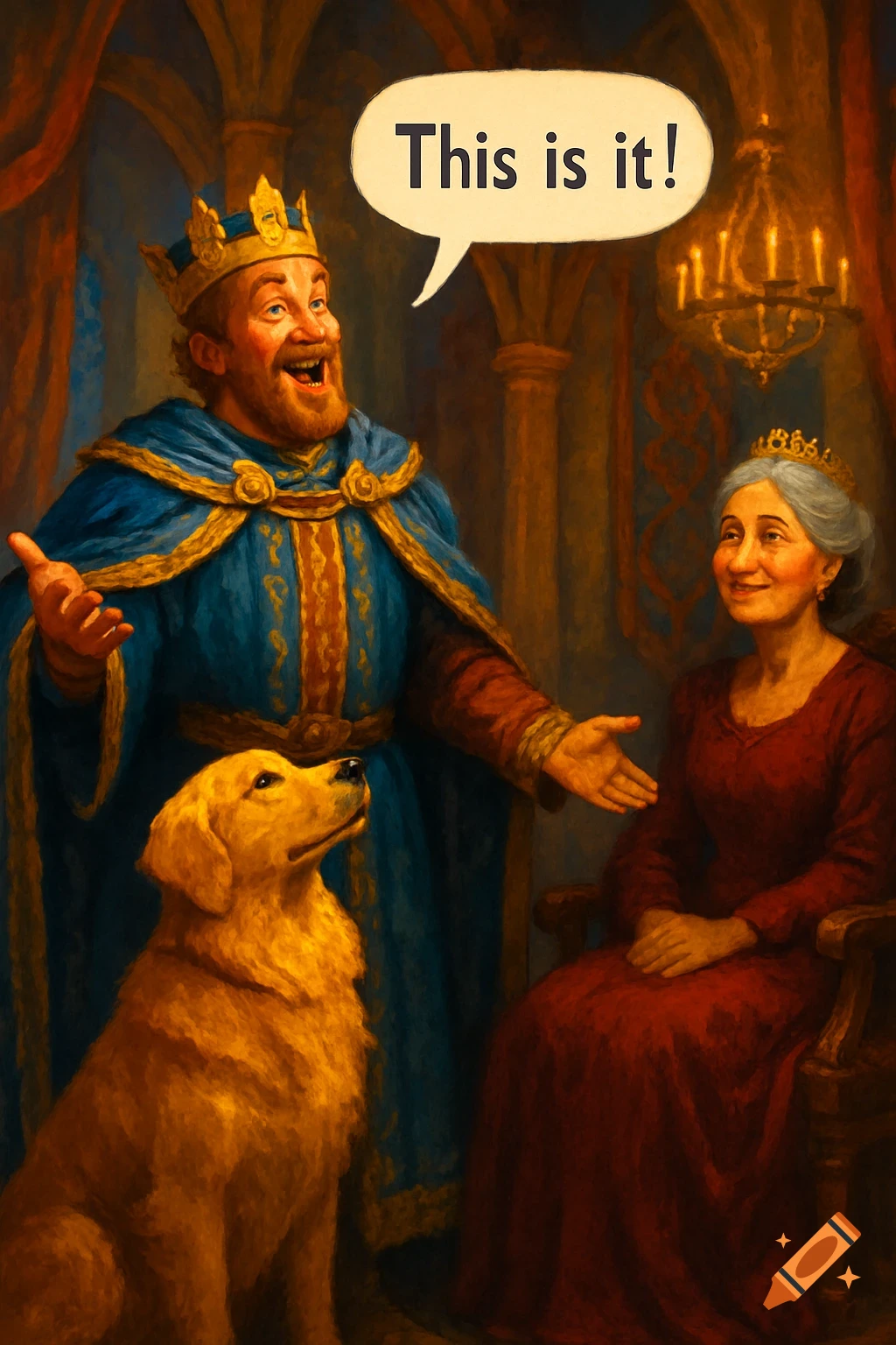 A king, an older woman, and a golden retriever dog in a painterly style. The king gestures, speaking 'This is it!' in a bubble as the woman smiles.