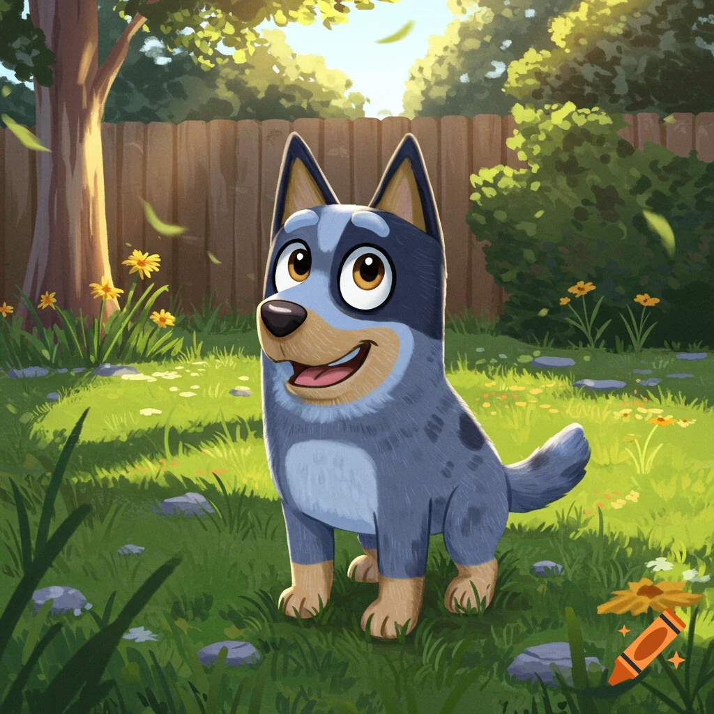 A happy cartoon blue heeler dog, Bluey, stands in a vibrant green garden with yellow flowers and a wooden fence.