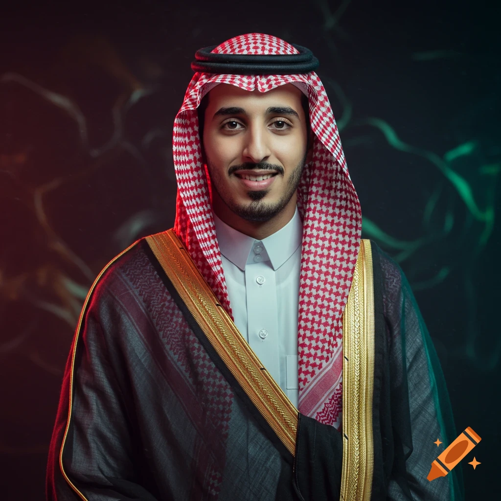 Smiling young Saudi man in traditional attire, including a red and white ghutra, against a dark background with neon lights.