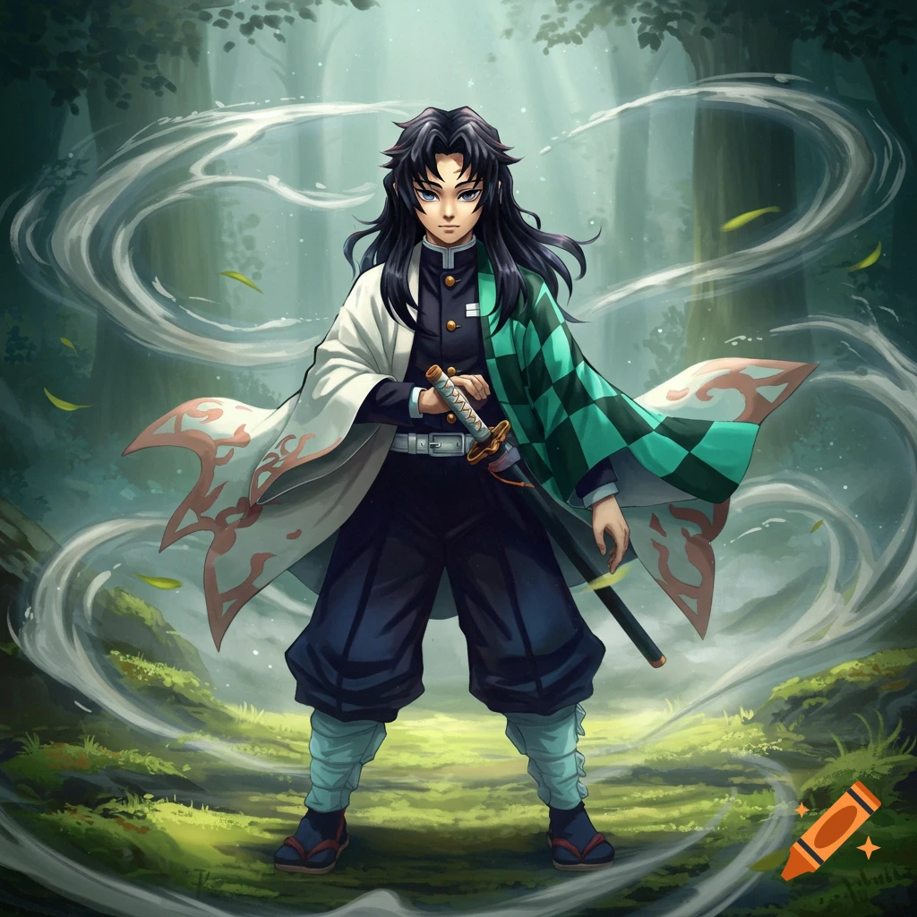 Anime character Tokito Muichiro in a checkered haori, holding a sword in a misty forest.