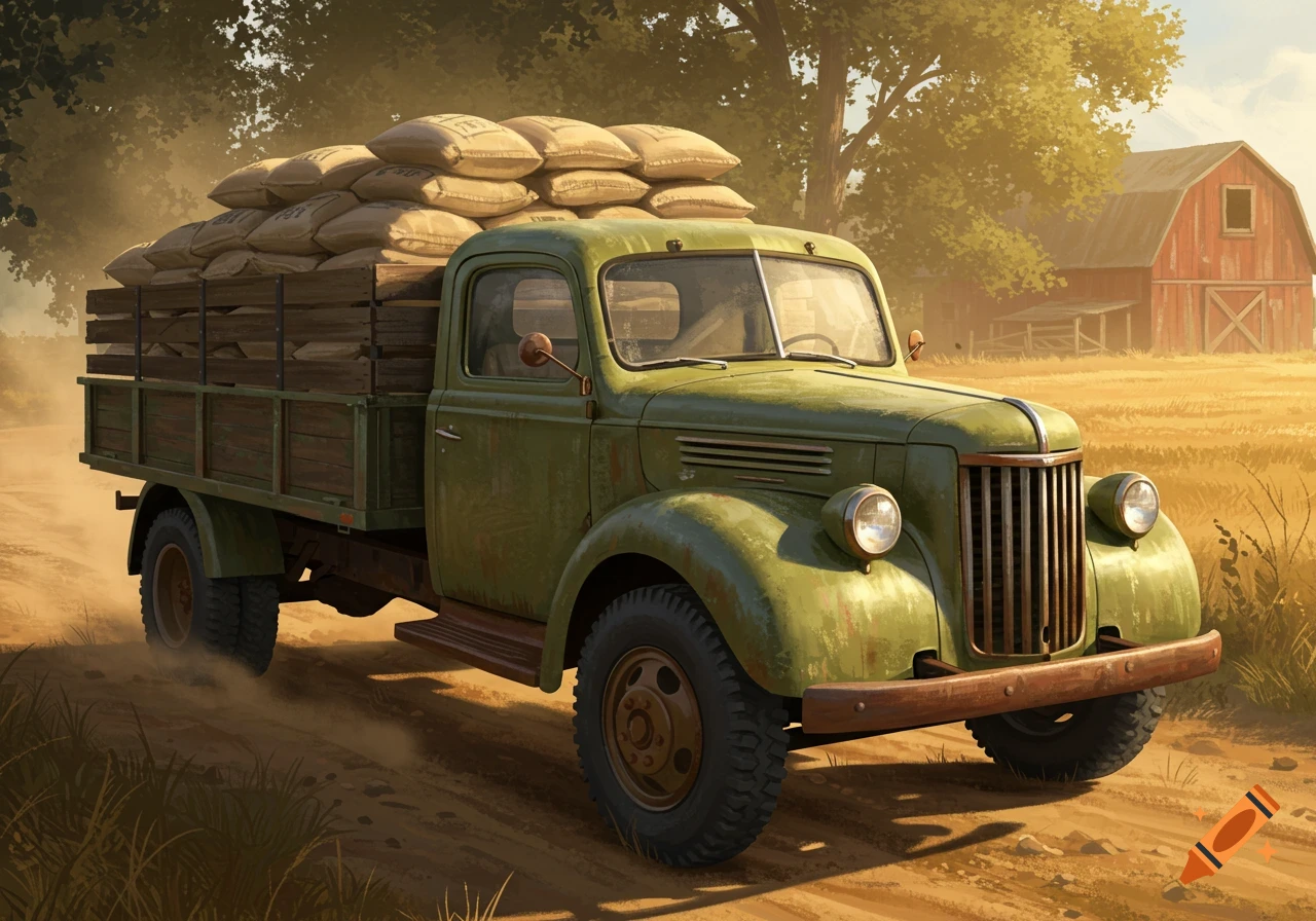 A vintage green truck loaded with sacks drives on a dirt road past a red barn and fields under a golden sky.