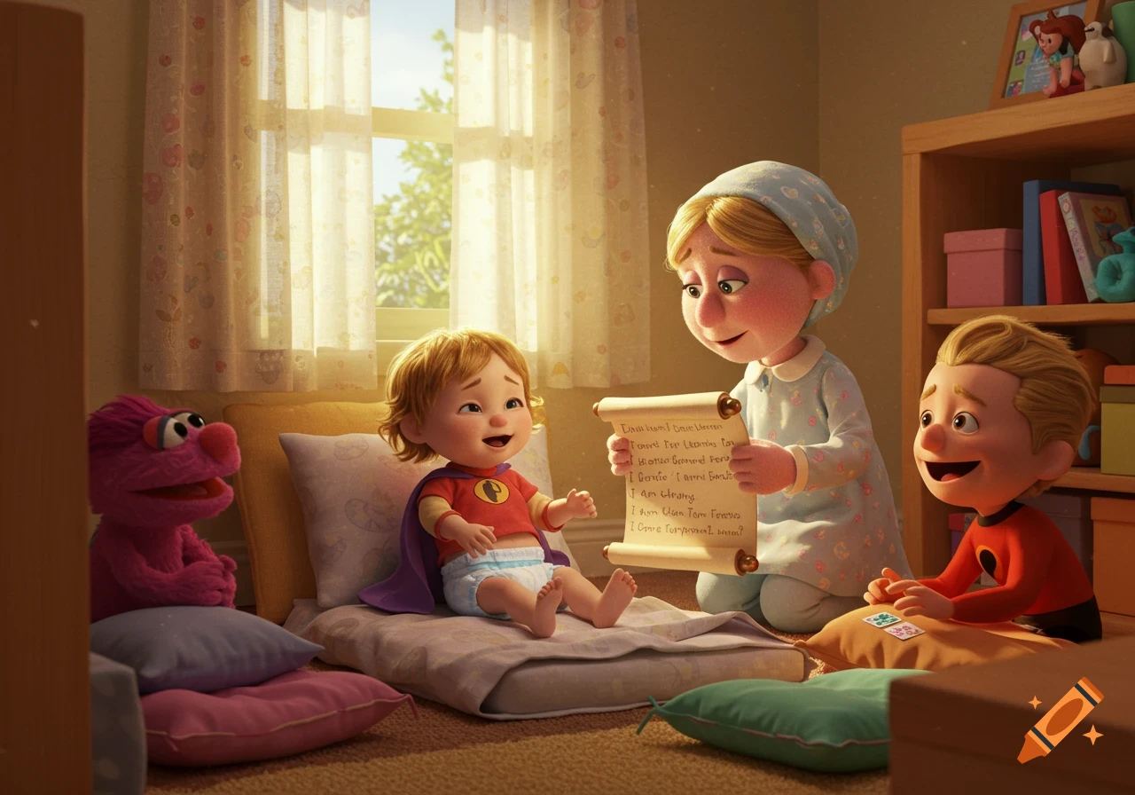 Animated adult woman reading a scroll to a baby in a diaper and cape, while another boy and a puppet watch in a sunny room.