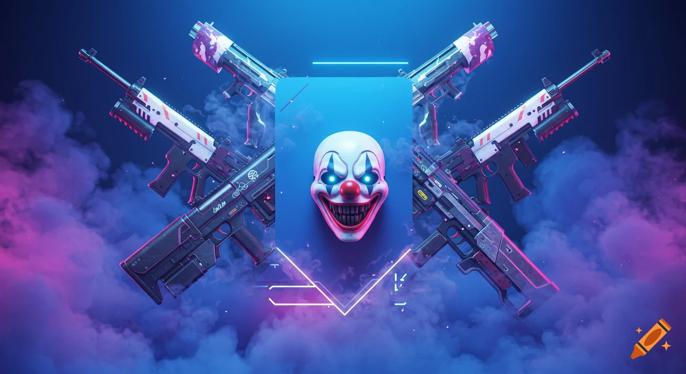 Four stylized assault rifles frame a glowing clown mask against a smoky blue and purple background with neon accents.